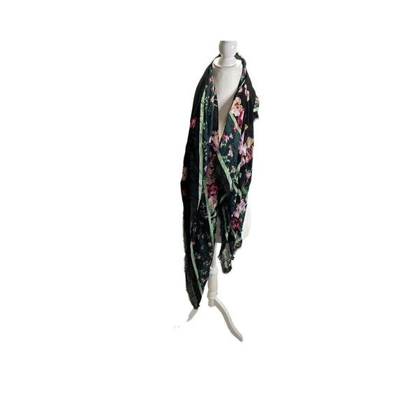 Black Green Pink Floral Silk Fashion Scarf Rectangle Sheer - Picture 1 of 5